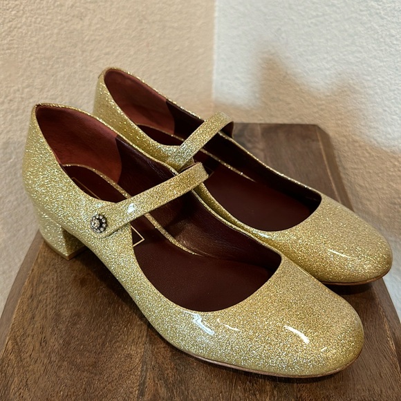 Marc Jacobs Women's Lexi Gold Glittered Patent Leather Mary Jane Shoes 8.5 - Picture 1 of 14